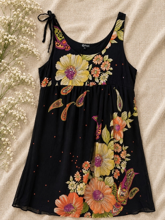 Papa Vancouver Dresses & Skirts - Papa XL Black Floral Boho Sleeveless Dress Tie Shoulder Empire Waist